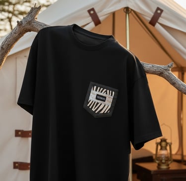 Black crew neck t-shirt with a zebra print pocket hanging on a tree branch at a campsite.