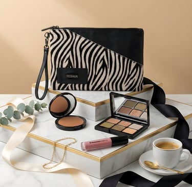 Zebra print makeup bag with eyeshadow palette, compact powder, and lip gloss on marble display stands.