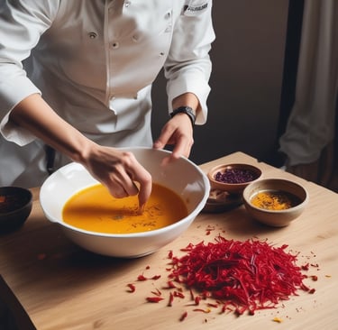 A person is holding a small plate of dried rosebuds, using a spoon to add them to a bowl of liquid with floating roses. A box labeled 'Atich Saffron' is prominently placed in front. On a wooden surface, there are various saffron containers, a metal pot, and a wooden grinder. A white lace tablecloth and a small evergreen branch add to the rustic setting.