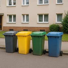 Mülltonnen die zur Abholung am Straßenrand stehen.