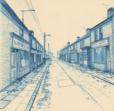 a drawing of a street scene with a train track