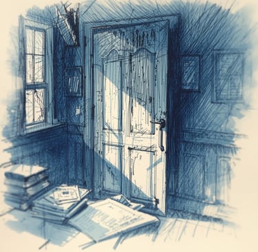 a door with a door open and a bunch of books on the floor