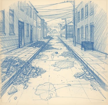 a drawing of a street scene with debris ash