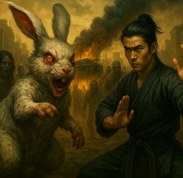 Zombie news illustration showing a giant zombie rabbit confronting a martial artist in an apocalypse