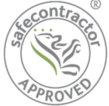 Official SafeContractor Approved accreditation logo featuring a grey lion and green leaf.