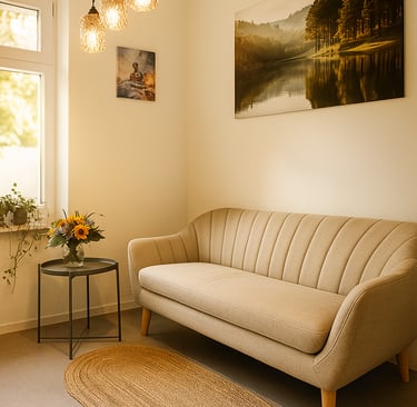 Wartebereich bei Bai Pho Thai Massage in Zossen – gemütliches Sofa, frische Blumen und warme Beleuch