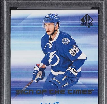 "PSA 10 Nikita Kucherov autograph card featuring clean signature and premium design."