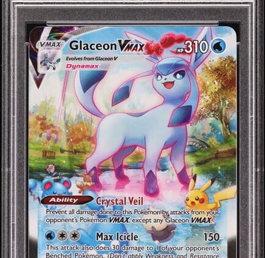 "PSA 10 Glaceon VMAX Pokémon card featuring full-art holographic design and powerful VMAX evolution.