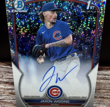 "Jaxon Wiggins speckle autograph card featuring unique speckled design and on-card signature."