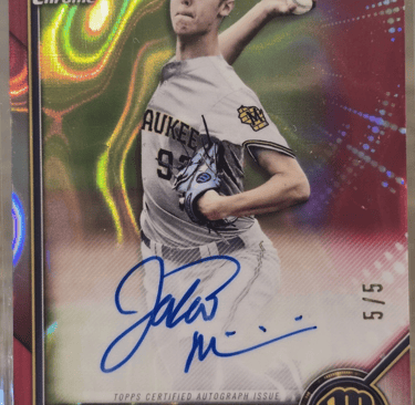 "Jacob Misiorowski first autograph red parallel card numbered 1 of 5 with on-card signature."