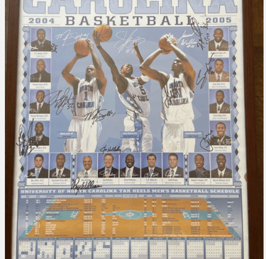 "University of North Carolina poster featuring school colors, logo, and athletic imagery."