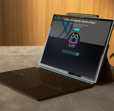 Ordinateur portable ouvert, alumé avec page d'un site internet et posé sur un bureau en béton ciré