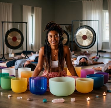 Sound therapy practitioner with singing bowls, gongs, and clients on yoga mats