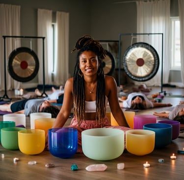 Practitioner with crystal singing bowls and gongs performing group session GMS Grow My Soul