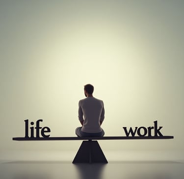 Man sitting on a work life balance scale