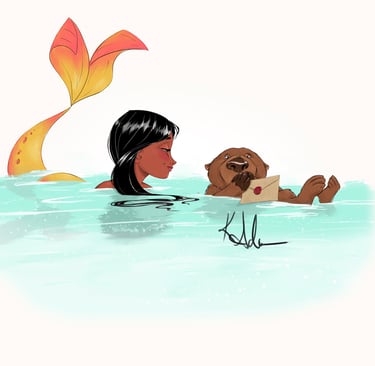 Mermaid and otter holding mail children's book illustration curious black hair colorful tail
