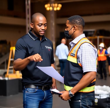 a man in a black shirt and a man in a blue shirt