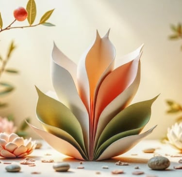 Abstract paper sculpture in pastel tones — botanical setting with soft light and serene composition.