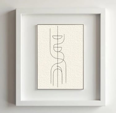 Mockup with minimalist Nordic line art — framed print on pale canvas background in calm setting.