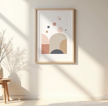 Mockup of minimalist Scandinavian wall art — abstract print in frame on beige wall with soft light.