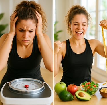 Person celebrating weight loss breakthrough with measuring tape and healthy foods after overcoming p