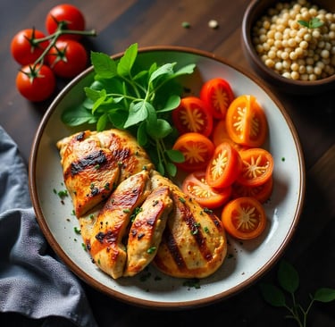 a plate of chicken breasts with tomatoes and herbs