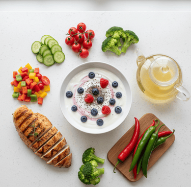 Healthy weight loss foods including protein, vegetables, and metabolism boosters arranged on kitchen