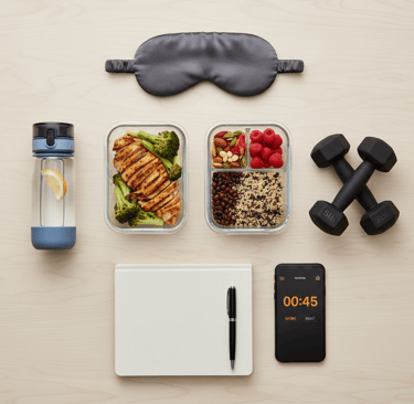 Weight loss plateau breakthrough tools including sleep aids, workout equipment, and meal prep contai