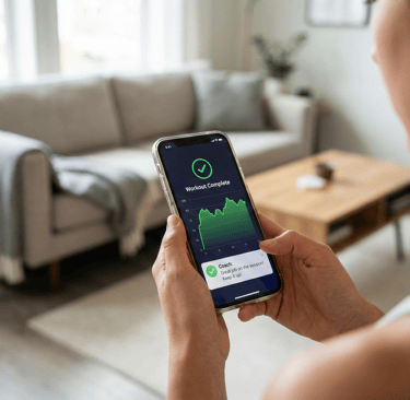 Using a fitness app to track progress and communicate with an online personal trainer.