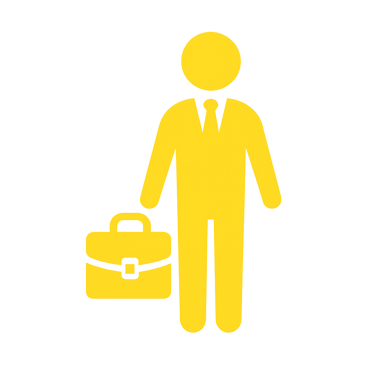 Yellow business travel icon with person carrying briefcase