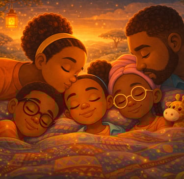 A heartwarming illustration of a Black family sleeping outdoors under a sunset sky with glowing fireflies.