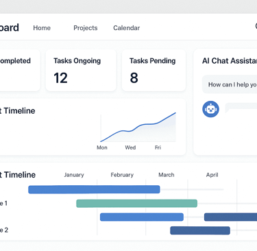 AI-powered project management dashboard interface showing modern productivity tools