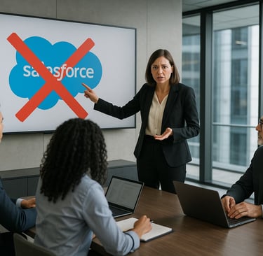 Business leader presenting project failure analysis to team, showing failed Salesforce implementatio