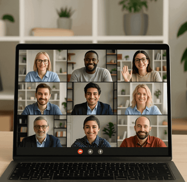 Remote team conducting productive virtual meeting through video conferencing