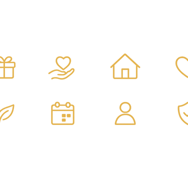 Gold thin line icons representing charity, home, and health on a black background.