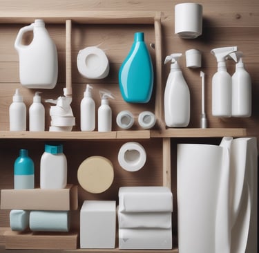 A set of cleaning products is arranged on a light-colored marble surface. The items include two metal spray bottles, a small glass bottle with a liquid, a natural bristle brush, and a cloth with dark stripes. Sunlight filters through leaves, casting dappled shadows on the surface.