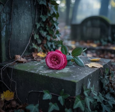 una rosa appoggiata  su una tomba in un cimitero