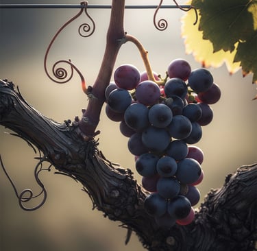 Un grappolo di uva su una vigna con tralci visibili