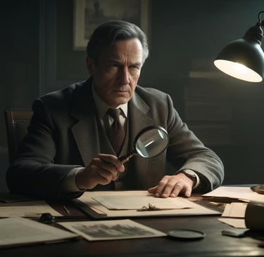 Un uomo seduto a una scrivania con una lente d'ingrandimento in mano per scoprire e conoscere Gesú