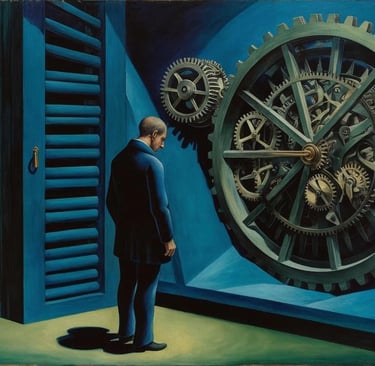 a man standing in front of a large clock with many mechanism