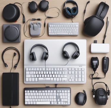 A collection of tech gadgets and accessories are arranged on a marble surface, including Marshall headphones, Canon camera lenses, a wristwatch, pens, and a laptop. The items are predominantly black and organized neatly, conveying a sense of modernity and style.