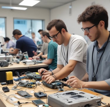 A workbench is cluttered with technology repair tools and disassembled electronic devices. Multiple laptops are open, and an overhead lamp provides focused lighting on the workspace. A backpack sits at the back, amidst a disarray of tools such as screwdrivers, a utility knife, and an organized box of small components. Various pieces of electronic hardware and circuit boards are spread out on the table.