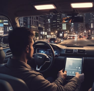 A McDonald's delivery person rides a bicycle through an urban area during twilight. The cyclist carries a branded delivery box on their back, and the streets are illuminated with streetlights and building lights. The scene features modern architecture with a mix of commercial storefronts.