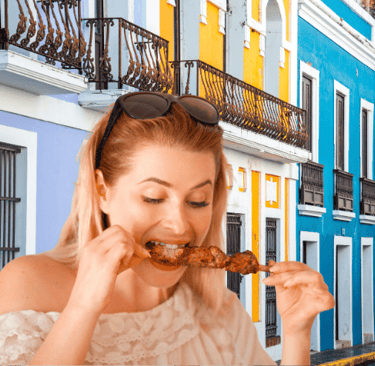 a woman eating a puerto rican pincho