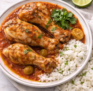 Puerto Rican pollo guisado chicken stew with rice, olives, and sofrito sauce on a white plate