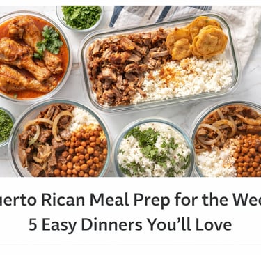 “Puerto Rican meal prep containers with pollo guisado, rice, beans, bistec encebollado and tostones”