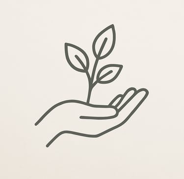 Illustration d'une main portant un plant de basilic bio, méthode sans engrais chimique