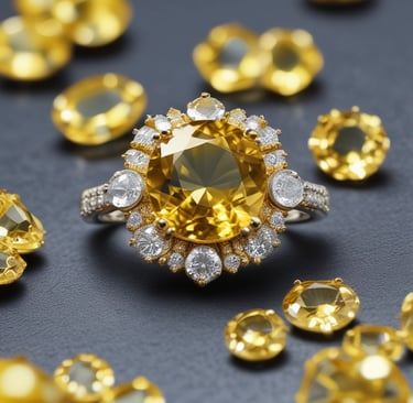 A close-up view of an intricately designed piece of jewelry featuring a large, raw green gemstone. The gemstone is encased in a silver-colored metal setting with swirling patterns and small decorative silver balls.