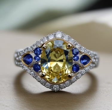 A luxurious gemstone necklace is displayed on a dark, elegant pedestal. The central gemstone is a deep, captivating blue, surrounded by smaller sparkling diamonds that enhance its brilliance. The spotlight enhances the sparkling effect, drawing attention to the intricate details and design.