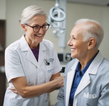 Close-up of a scientist examining cancer cells under a microscope in a clinical lab.